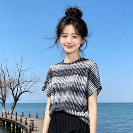 三宅风褶皱上衣大码女装夏季短袖衣服正肩女t恤韩系辣妹