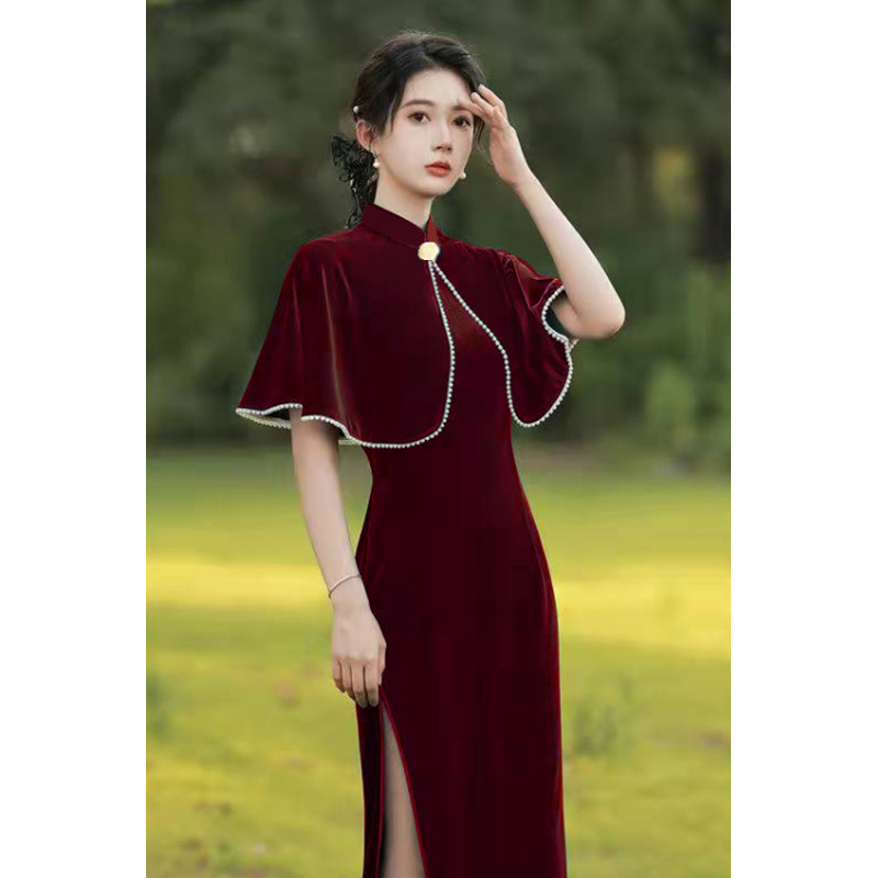 2024春秋新款复古显瘦民国风气质披肩礼服女改良丝绒旗袍连衣裙