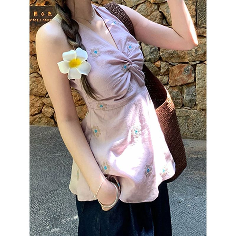 多巴胺黄色挂脖吊带背心女外穿V领扭结设计感别致绝美无袖上衣夏|undefined