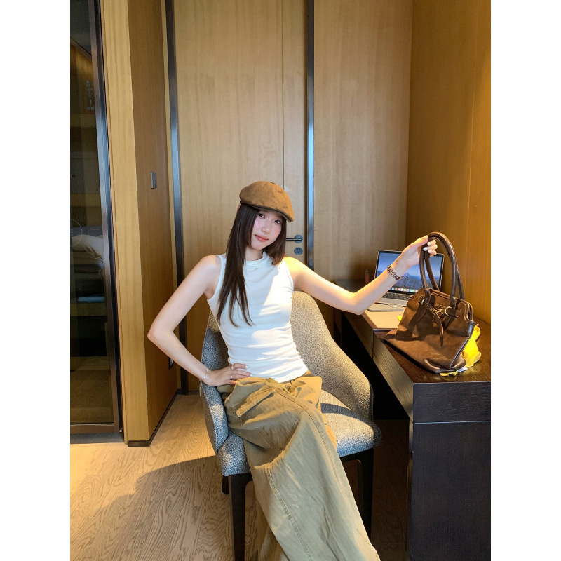 French-Style White Slim-Fit Half-High Collar Sleeveless Tank Top for Women, Summer Outerwear, 2026 New Model, Stunning Thai Style French-Style White Slim-Fit Half-High Collar Sleeveless Tank Top for Women, Summer Outerwear, 2026 New Model, Stunning Thai Style