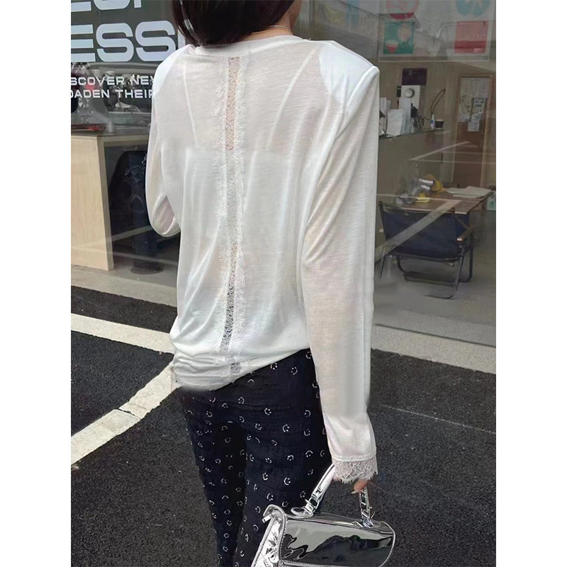 Shenzhen Nanyou High-end 2024 Early Autumn with Shoulder Pad Lace Thin Tencel Wool T-shirt Sunscreen Air-conditioning Shirt for Women
