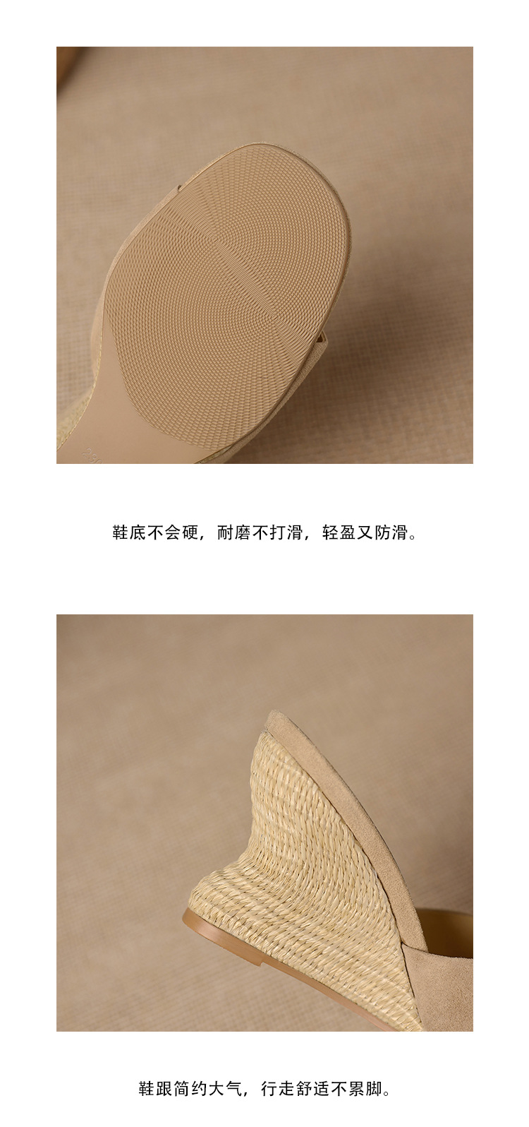 Dép sandal nữ quai ngang gót xuồng cao 9 cm, mũi hở, chất liệu da lộn giả cừu — Hồng, Màu hạnh- chi tiết 15