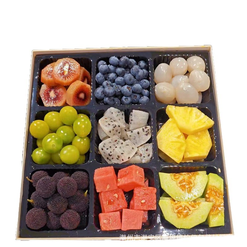 インターネット有名人 Jiugongge フルーツカット包装箱紙プラスチック大きな正方形の果物と野菜の生の果物 4 分割包装箱商業用|undefined