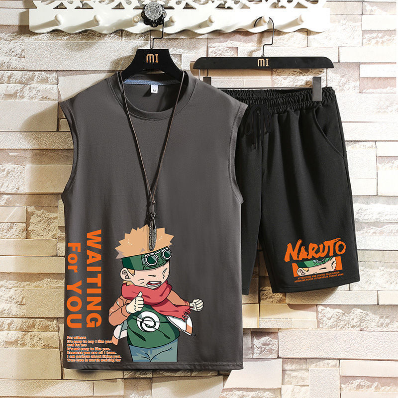 Deportes y ocio hombres traje de verano nueva juventud suelta más cuello redondo chaleco shorts set guapo partido