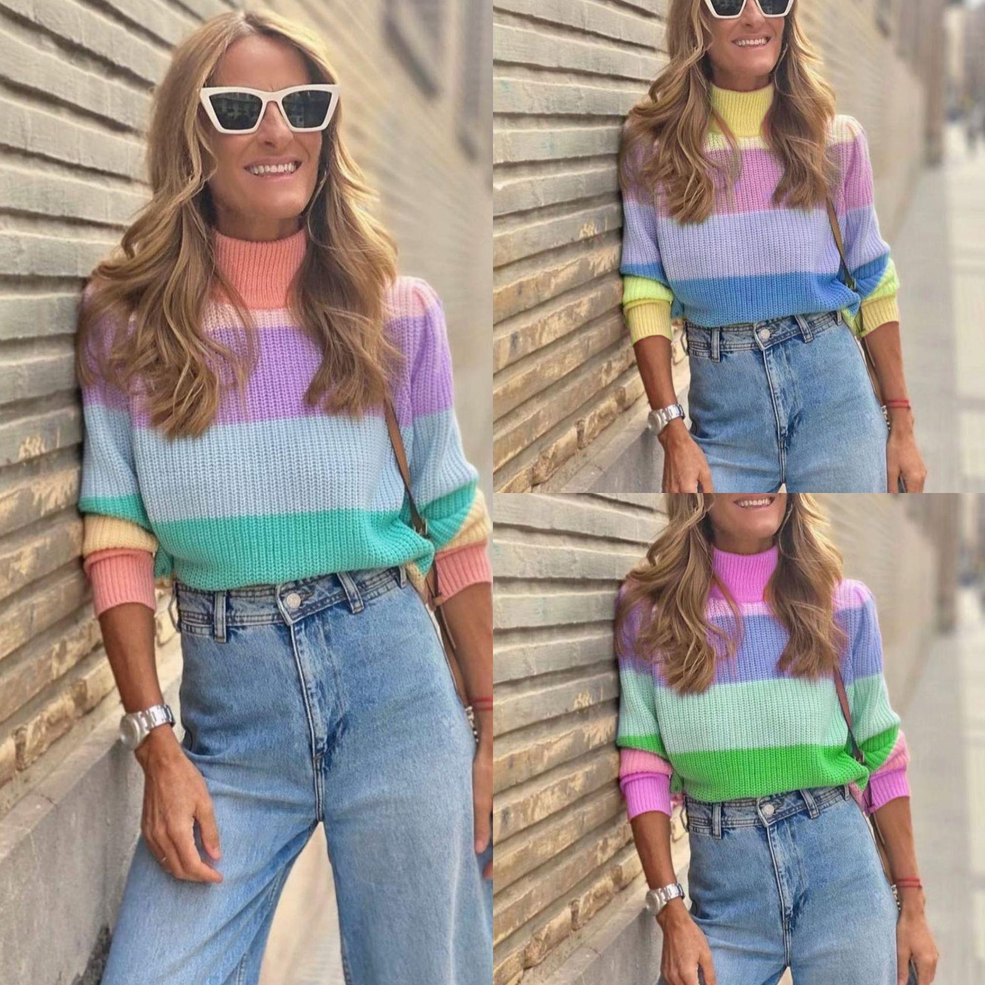 Damenbekleidung Herbst- und Winterpullover Rollkragenpullover Kontrastfarbe Langarm Lockerer Pullover Oberteil Damenbekleidung_voghion.com