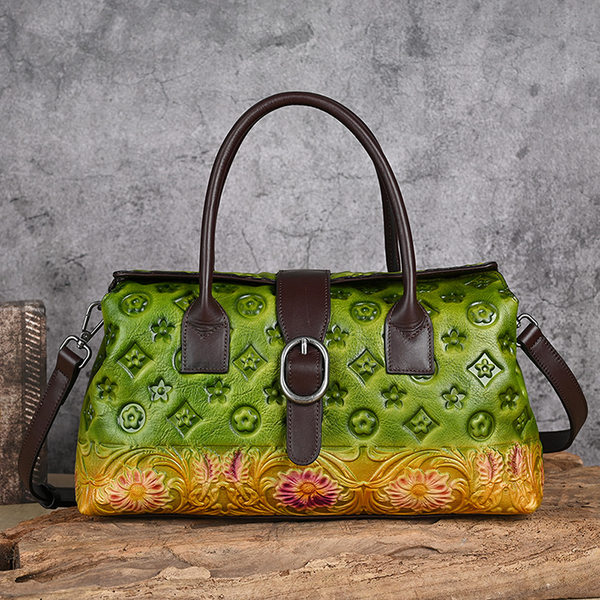 Túi xách tay da thật cổ điển phong cách Trung Quốc, đánh bóng thủ công, đeo vai đa năng (33×10×19 cm) — Xanh lá cổ điển