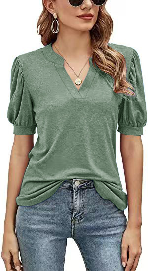 Top Summer Casual V neck Solid Color Puff Sleeve Loose T shirt Women