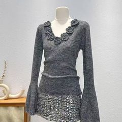 法式修身显瘦V领花朵长袖针织衫女2025年秋季新款甜辣妹短款小众