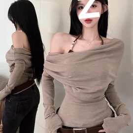 假两件挂脖一字肩长袖t恤女2025秋季新款韩系纯欲风修身显瘦上衣