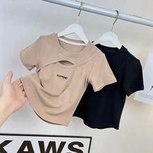 女童夏装短袖T恤宝宝洋气儿童个性潮韩版不规则字母镂空网红上衣