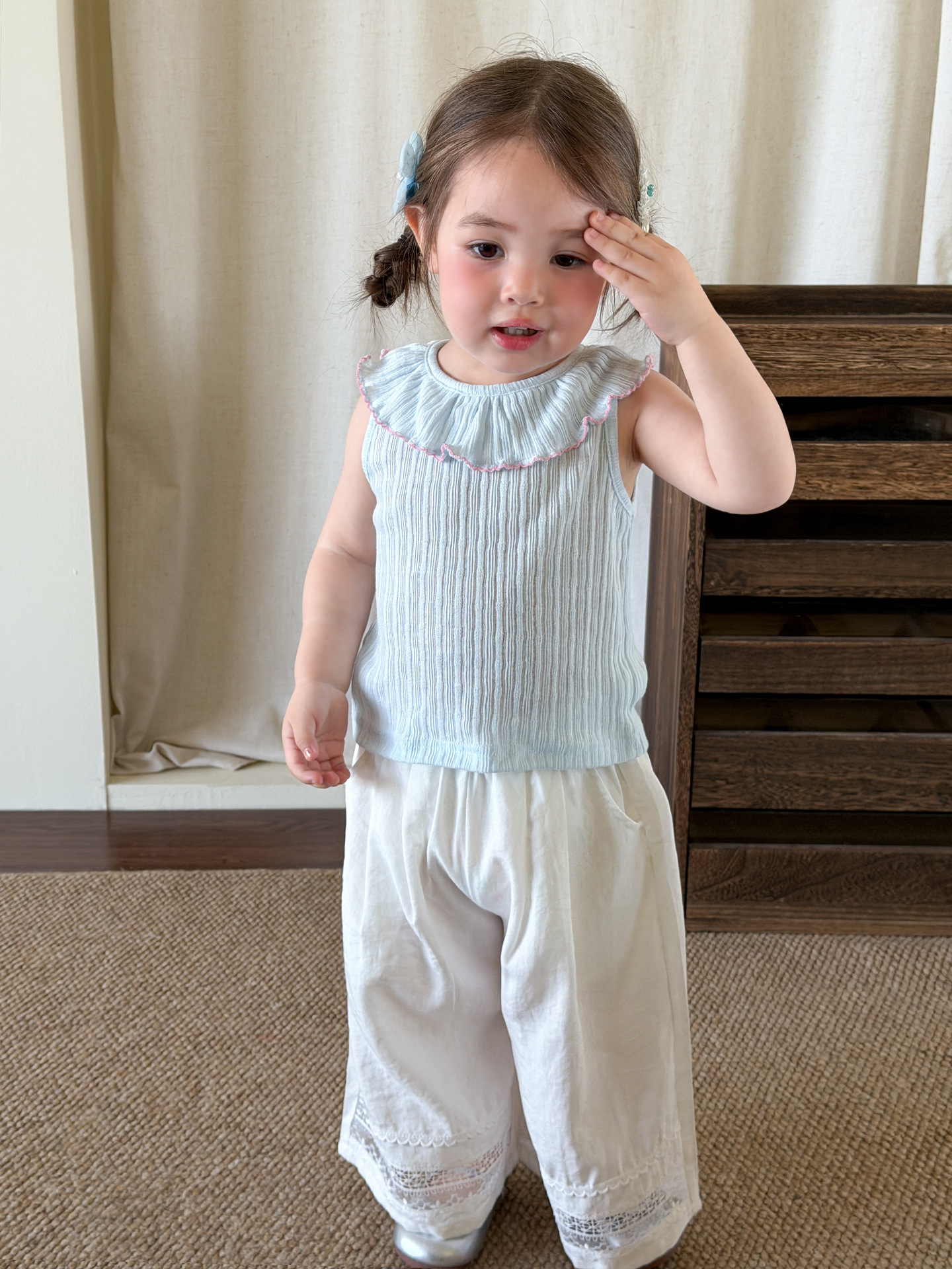 Sugar Pear ropa infantil chaleco de niña para usar verano delgado 2026 ropa infantil casual tipo A collar de muñeca chaqueta de bebé