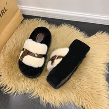 多巴胺韩版皮带扣毛毛拖女高级厚底保暖室外百搭懒人一字拖秋冬款