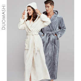 法兰绒睡袍女秋冬加厚睡衣男女冬超长款可外穿带帽子腰带情侣款