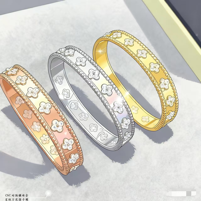 V Gold Plated 18K Rose Gold Kaleidoscope Bracelet Women's Narrow Version Diamond Four-Leaf Clover Bracelet Wide Version Bracelet Fashion