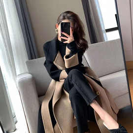 秋冬新款呢子外套女潮百搭大衣女显瘦中长款拼色风衣新款外套