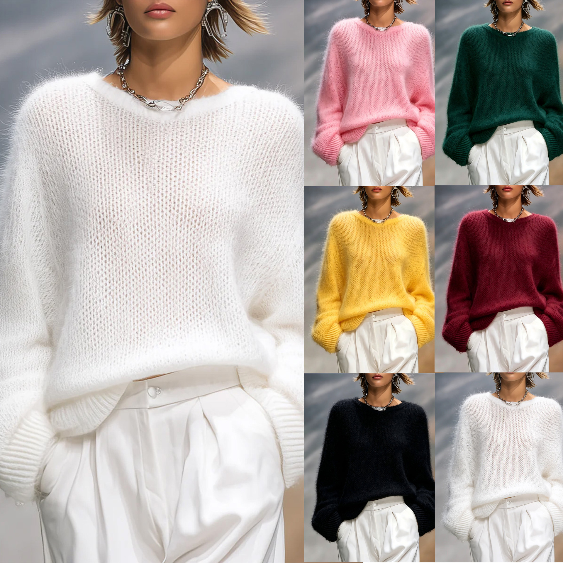 New European and American Cross-Border Amazon Autumn and Winter Elegant Solid Color Round Neck Loose Sweater Tops for Women