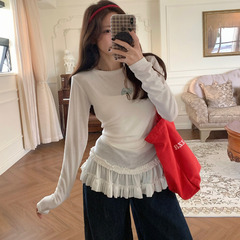 MR【人棉】芭蕾风蕾丝花边下摆打底衫女春夏季叠穿上衣显瘦长袖t