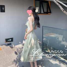 2024韩版夏季新款吊带长裙仙女荷叶边印花无袖气质连衣裙图片色