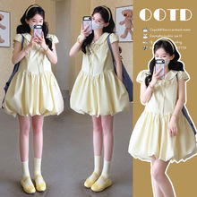 孕妇裙2026夏季新款小个子百搭韩系大码甜美娃娃领短袖花苞连衣裙