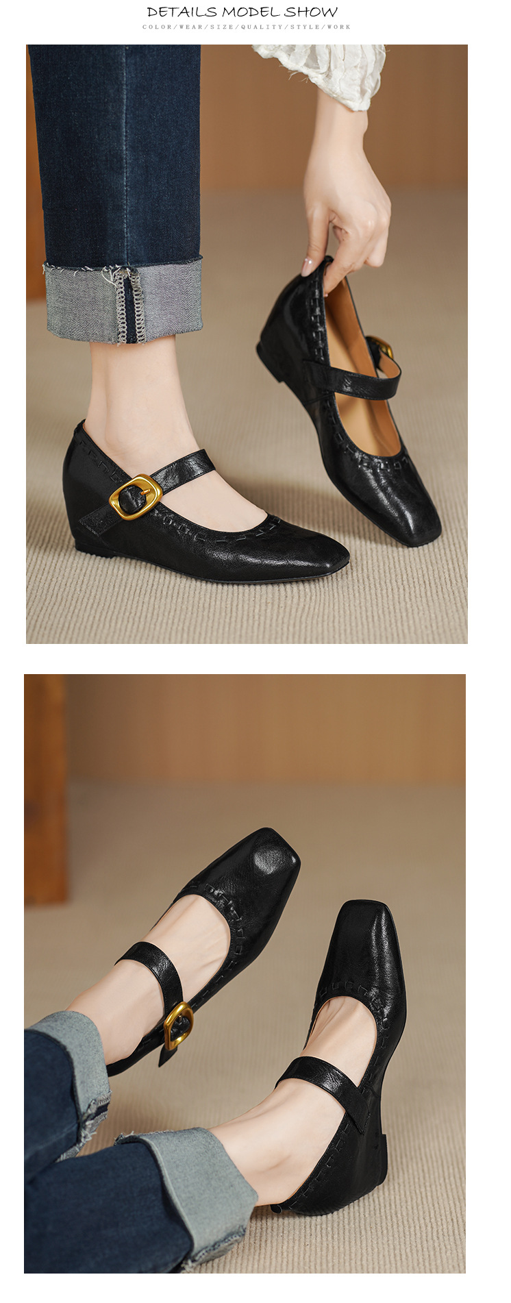 Giày Mary Jane nữ quai ngang da cừu gót thô 5 cm phong cách Pháp cổ điển — đen chi tiết 9