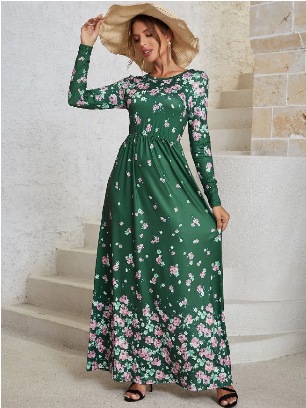 Women's Swing Dress Elegant Round Neck Printing Long Sleeve Flower Maxi Long Dress Daily display picture 3