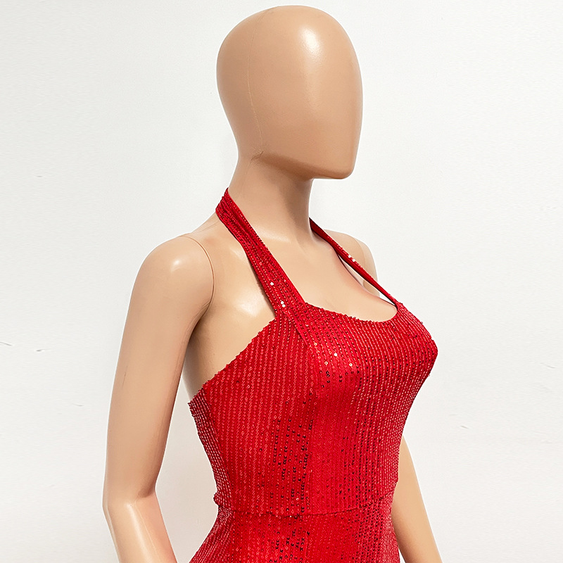 Cocktailjurk voor dames met split pailletten en halterstijl_voghion.com