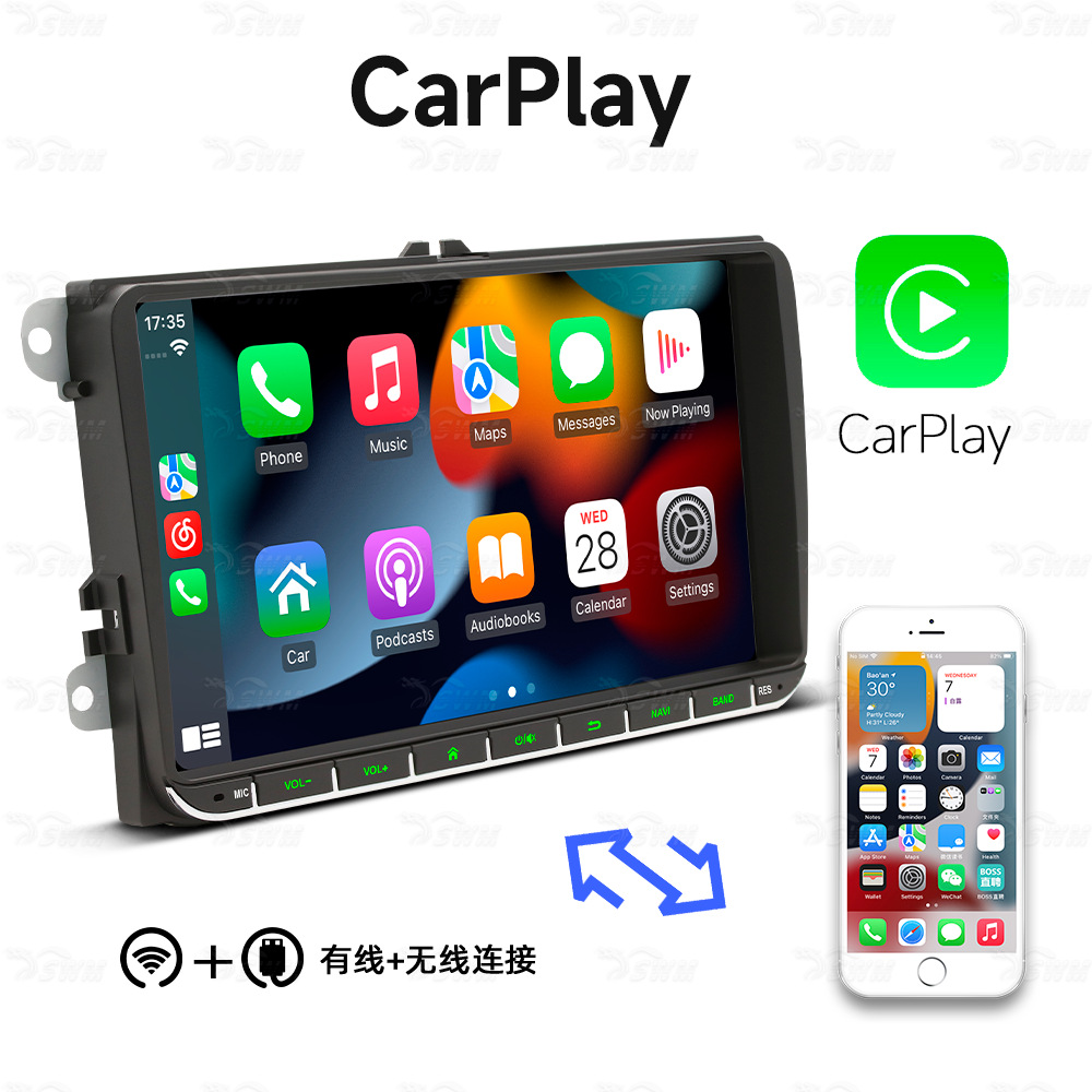 Reproductor MP5 de 9 pulgadas apto para Volkswagen con CarPlay inalámbrico, pantalla grande de alta definición e imagen de reversa.