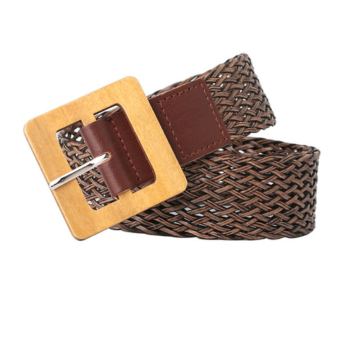 Women's simple ins style wooden buckle retro woven belt Korean style fashion dress decorative belt women's girdle