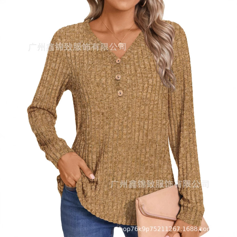 Amazon 2024 Европа и США трансграничная внешняя торговля осень-зима новый сплошной цвет V-образный вырез пуговиц свободный длинный рукав футболка топ леди
