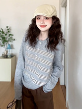 韩系慵懒松弛感灰色polo领条纹毛衣女2025早秋新款学院风针织上衣
