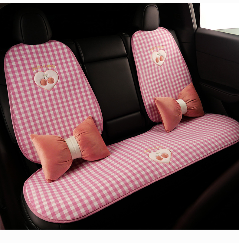 Plaid Cherry Car Cushion Four Seasons Universal Linen Single Piece Goddess Seat Cover Semi-enclosed Breathable Summer Day