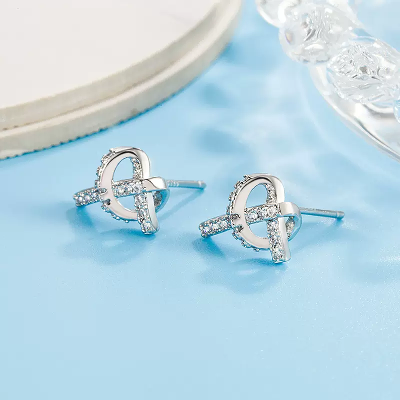 闪钻打结耳环心形耳钉小巧耳饰2022新款爱心轻奢小众设计感时尚