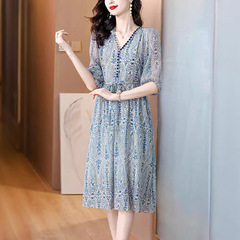 品牌时尚桑蚕丝印花连衣裙女夏季2025新款收腰显瘦女士真丝裙子潮
