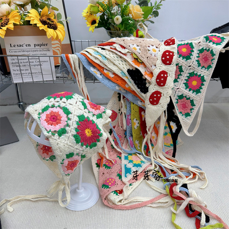 Francés vintage turbante primavera viaje dulce encantador gancho hueco flores artísticas estilo de tejido correa de pelo toalla triangular chica caliente