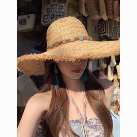 草帽花朵夏季编织帽檐海边沙滩遮阳帽度假防晒遮阳渔夫帽帽子