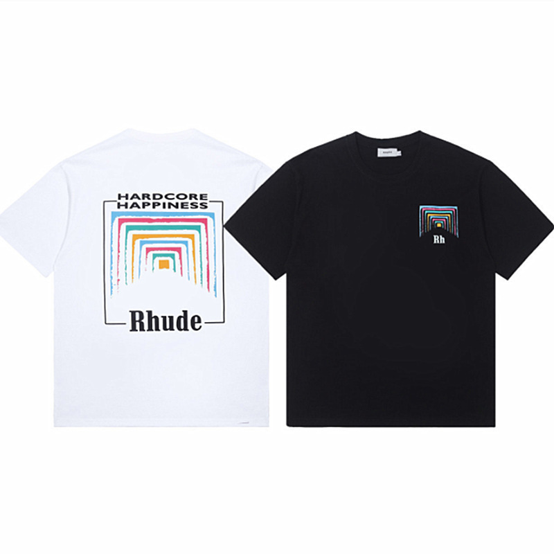 2023 Cross-border European and American Fashion Brand RHUDE Micro-standard Rainbow Square Circle Printed Short-sleeved T-shirt High Street Loose Half-sleeved T-shirt for Men and Women