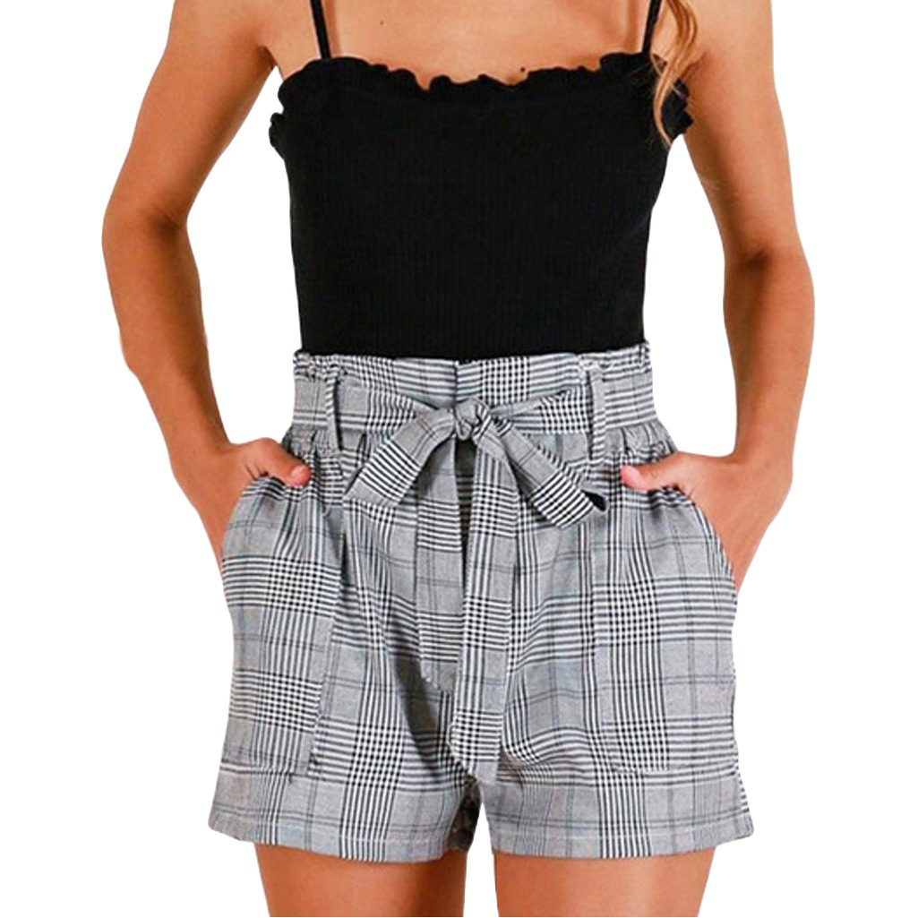 Pantalones Cortos a Cuadros para Mujer de Cáñamo con Cintura Elástica y Bolsillos para Verano