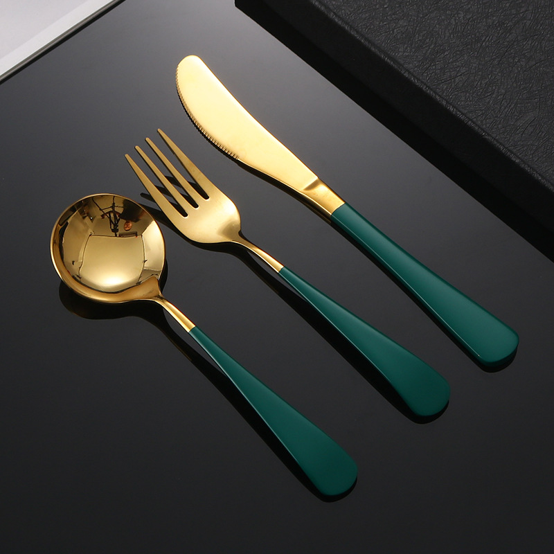 Internet celebridad cuchillo, tenedor y cuchara-oro verde oscuro