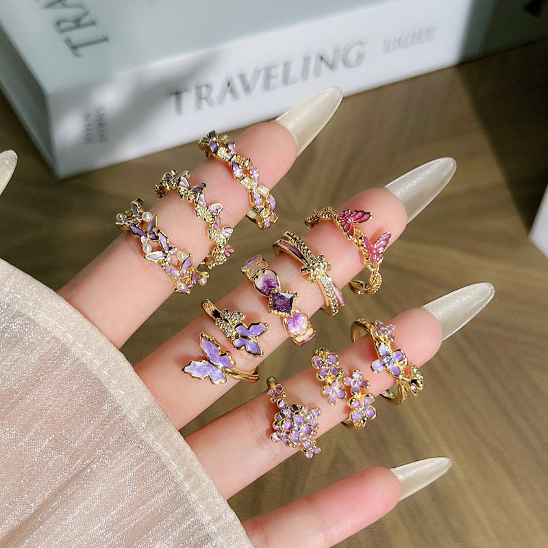 7g Weight Open Rings Classification Adjustable Ring Size 1 Piece Quantity Holiday, Tea Party Occasion Copper Material Flower, Butterfly Pattern All Seasons Season Women's Gender Enamel Design Classic Style, Shiny Style Wholesale Jewelry Classic Style Shiny Flower Butterfly Copper Enamel Open Rings 1