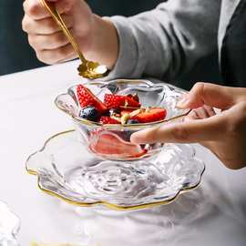 欧式金边玫瑰花银耳玻璃碗不规则透明沙拉碗家用燕窝碗盘餐具批发