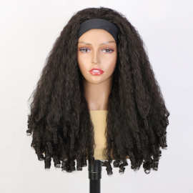 欧美外贸女士头巾假发yaki冰丝发带螺丝卷长卷发头套headband wig