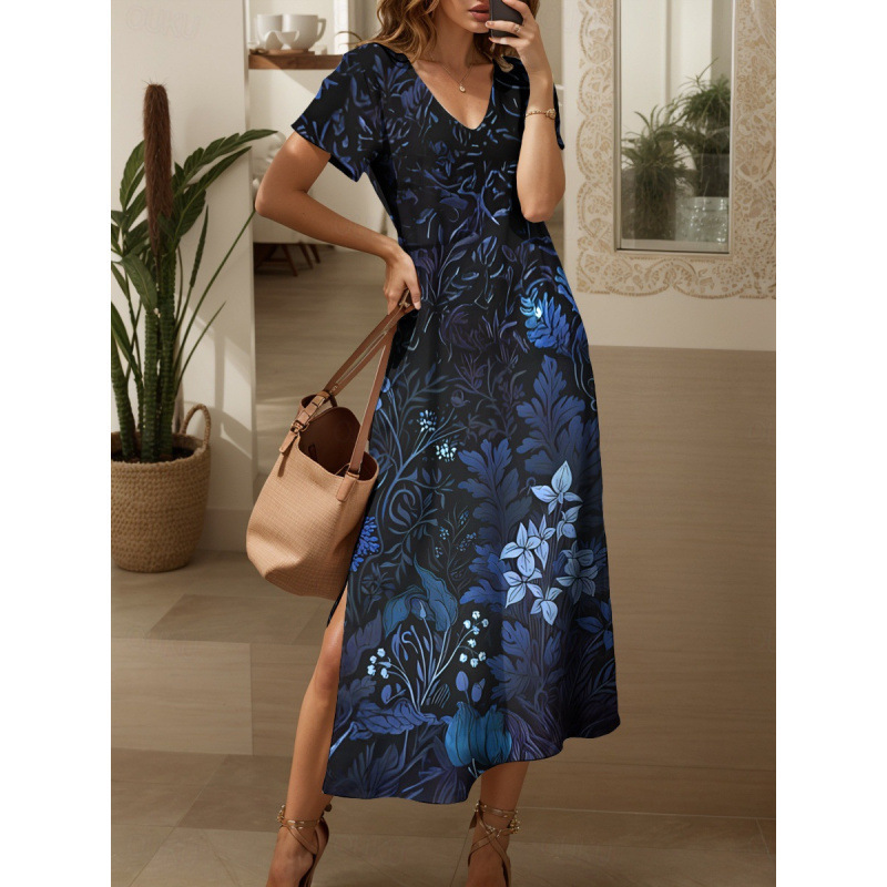 Summer Maxi Dress Casual V Neck Long Sleeve Bohemian Peacock Print Floral Long Dress