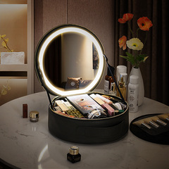 LED light strip mirror round makeup bag with blush bag large capacity travel cosmetic storage bag