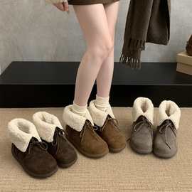 卓诗翻领短筒厚底雪地靴女款冬季2025新款圆头马丁靴系带森系棉靴