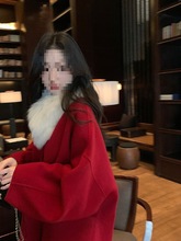 新年复古酒红色气质毛呢大衣女新款感小个子宽松显蝴蝶大衣