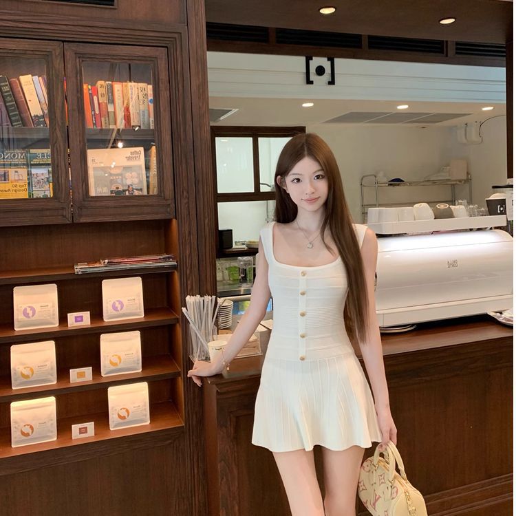 Pure Lust Style White Square Neck Knitted Suspender Dress Beaded Slimming Look Short Skirt Birthday Party Dress