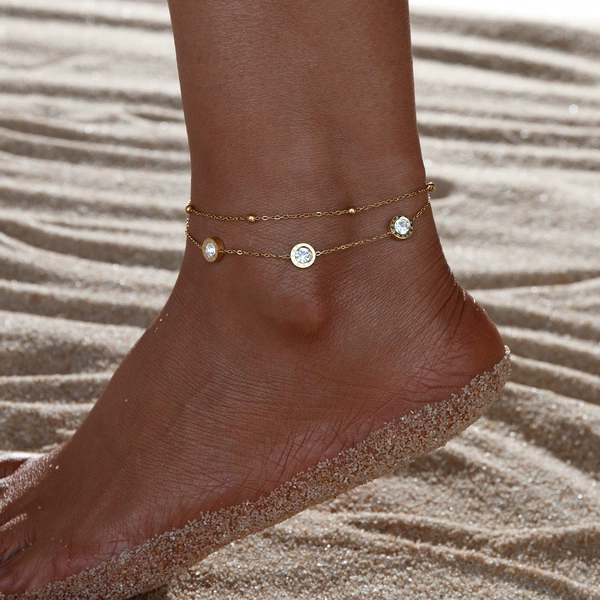 3 diamond Roman alphabet double layer anklet (gold)
