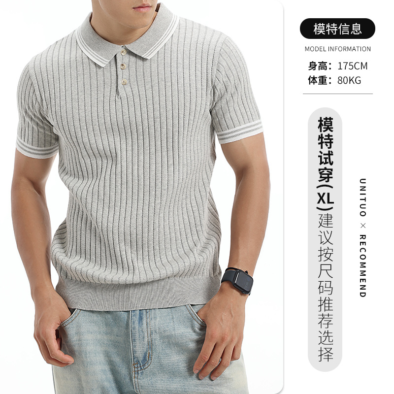 Verano Europa y América transfronterizos hombre collar de contraste vertical rayas de hielo polo camisa transpirable de mangas cortas de negocios ropa casual para hombres
