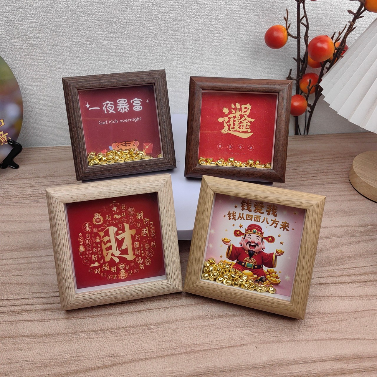 Mini Square 4inch Wooden Glass Photo Frame Ornaments Hollow Stereo Decorative Picture Frame Wealth-Attracting Table Wholesale