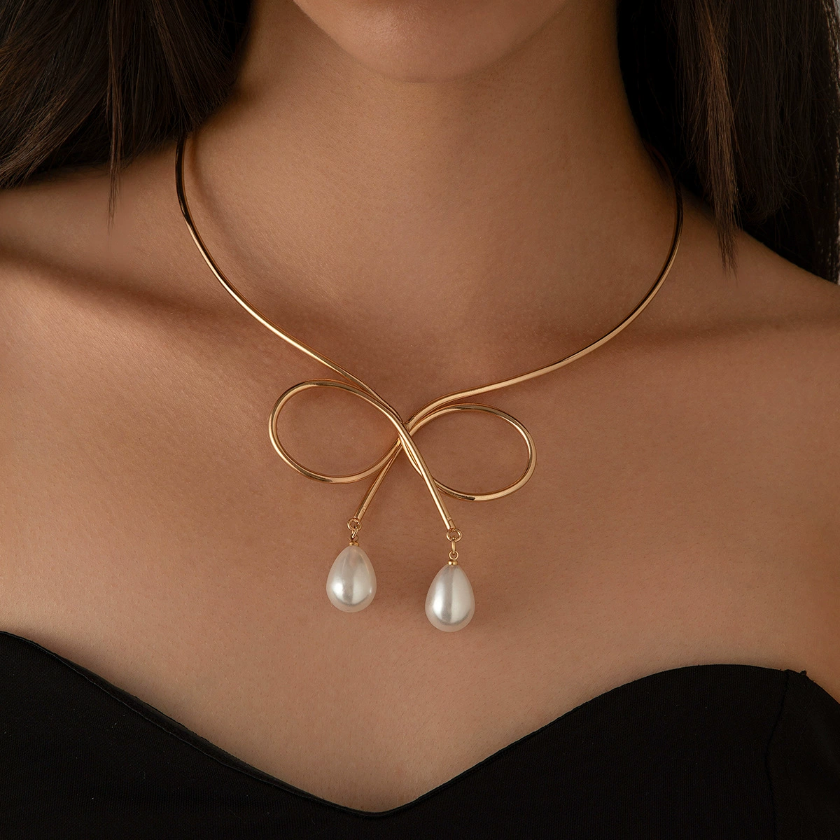 Европейские и американские трансграничные украшения, круговой лук choker Женские капли воды имитация жемчужной моды панк золото